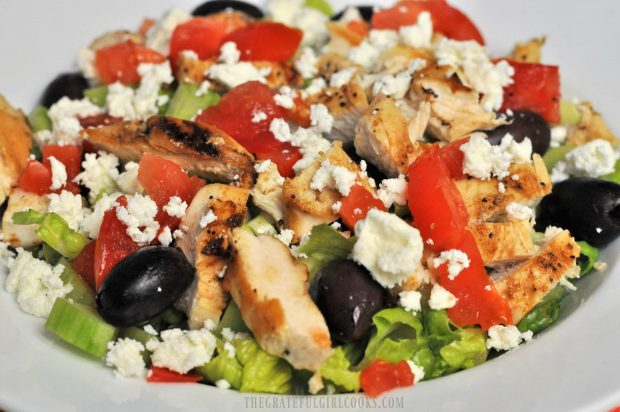 Close up photo of the chopped Greek chicken salad.