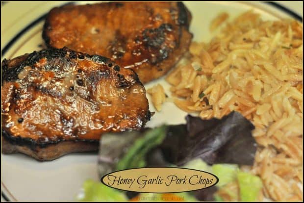 Honey Garlic Pork Chops are marinated in soy sauce, honey, lemon juice, garlic and sherry, and can be grilled or broiled for an easy, delicious dinner!