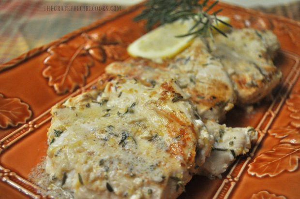 Close up photo of Lemon Rosemary Chicken Breasts on serving platter.