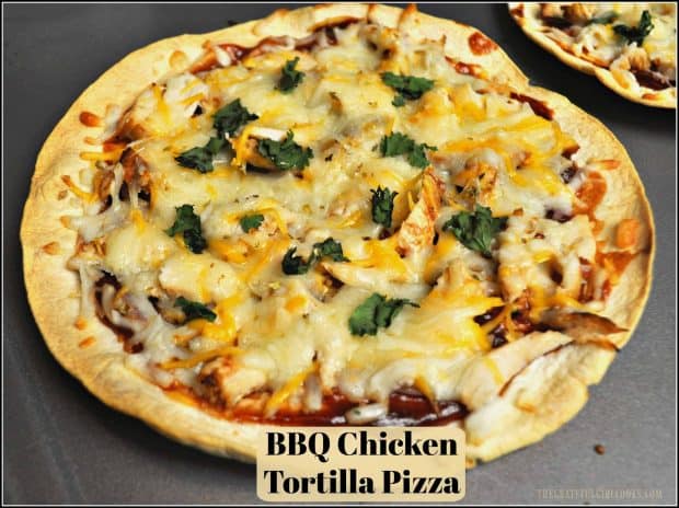 You're gonna LOVE this BBQ Chicken Tortilla Pizza! Chicken, BBQ sauce, red onion, cilantro and cheese on a baked flour tortilla make a yummy thin crust pizza!