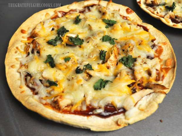 BBQ Chicken Tortilla Pizza hot from the oven.