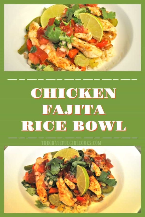 Enjoy this yummy chicken fajita rice bowl, with seasoned chicken, bell peppers, onion, avocado, pico de gallo, cilantro and lime juice on a bed of brown rice.