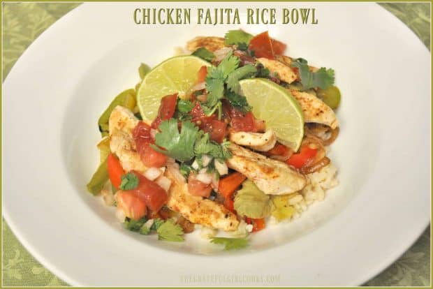 Enjoy this yummy chicken fajita rice bowl, with seasoned chicken, bell peppers, onion, avocado, pico de gallo, cilantro and lime juice on brown rice.