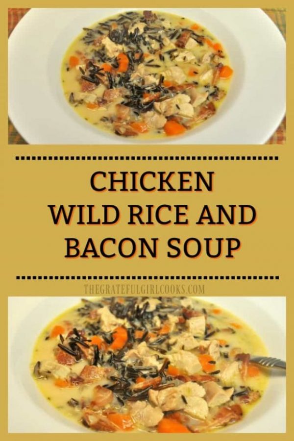  Chicken wild rice soup, w/ thick-cut bacon, carrots, onions and spices are the backdrop for this easy, delicious, creamy and filling dish!