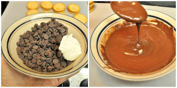 Chocolate chips are melted with shortening to cover the peanut butter ritz cookies.