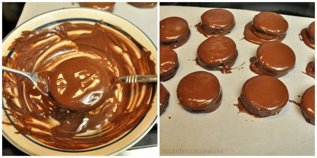 Each of the peanut butter ritz cookies are covered with melted chocolate