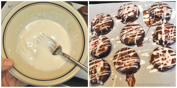 Chocolate Covered Peanut Butter Ritz Cookies are drizzled with a powdered sugar glaze.