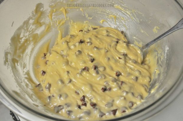 The cinnamon chips are mixed into the cookie batter.