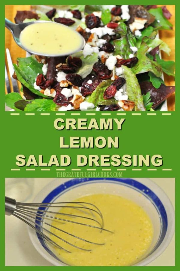 This delicious, creamy lemon salad dressing is easy to make from scratch in a couple minutes, with a few pantry ingredients! Use it on a favorite green salad.