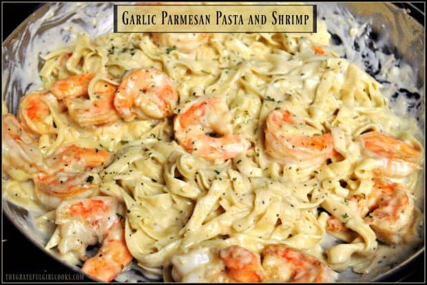 Garlic Parmesan Pasta and Shrimp is a 30 minute, easy to make dish, with pan-seared shrimp and fettucine noodles in a creamy garlic Parmesan sauce. 