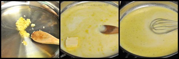 Cooking the garlic parmesan sauce for the pasta.