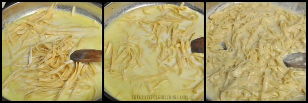 Uncooked fettucine noodles are added to the sauce and cooked until done.