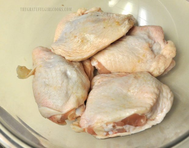 Chicken thighs are ready to go in marinade for Hoisin Sriracha Chicken.