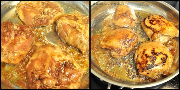 Hoisin Sriracha Chicken pieces are browned in a large skillet.