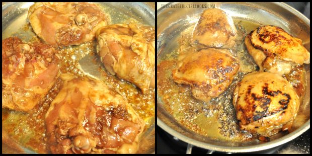 Hoisin Sriracha Chicken pieces are browned in a large skillet.