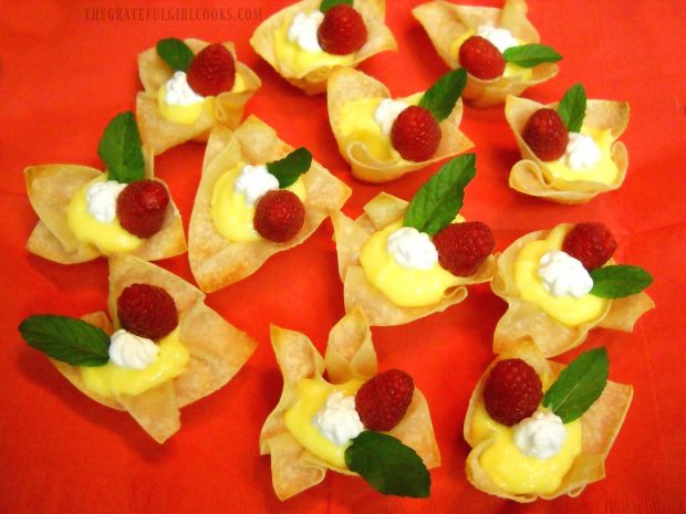 Lemon curd is used to fill these won ton dessert cups.