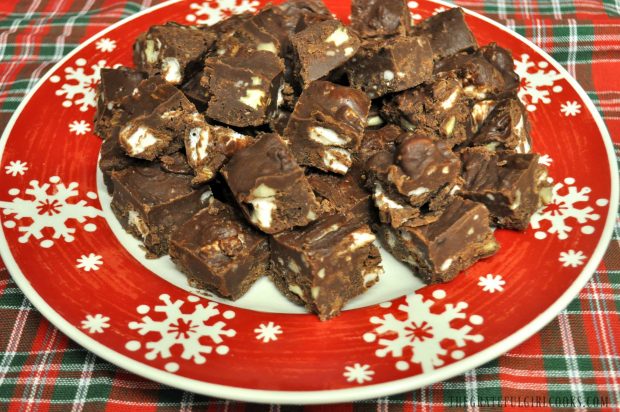 A Christmas plate, full of microwave rocky road fudge.