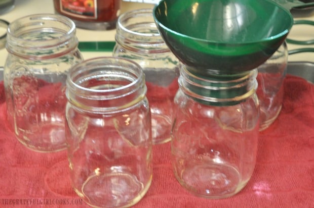 Warm canning jars are ready for jam to be added