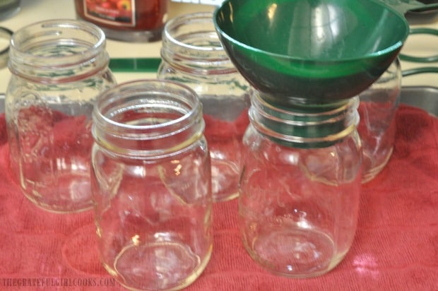 Warm canning jars are ready for jam to be added