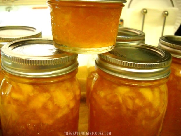 Canned peach preserves, ready to store in our pantry!