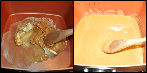 Peanut butter and butter are melted in pan.