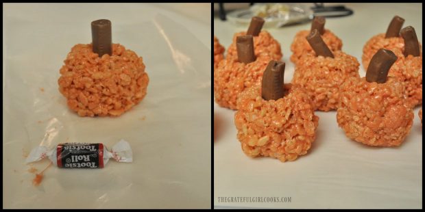 Tootsie rolls are added to look like stems on rice krispie pumpkins.