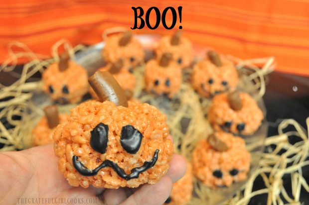 Up close photo of rice krispie pumpkin... BOO!