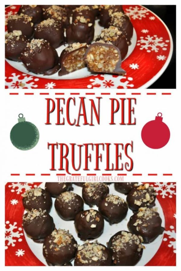 Chocolate covered Pecan Pie Truffles are a yummy, sweet dessert treat! Perfect homemade food gift for family and friends at Christmas or Thanksgiving! 