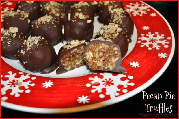Chocolate covered Pecan Pie Truffles are a yummy, sweet dessert treat! Perfect homemade food gift for family and friends at Christmas or Thanksgiving! 