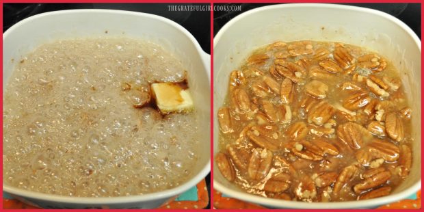 Butter added to pan, and pecan brittle is microwaved again until golden brown.