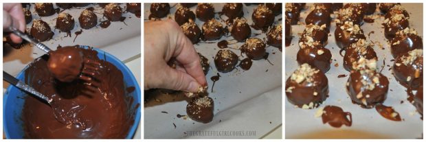 Pecan Pie Truffles are dipped in chocolate, then garnished with toasted chopped pecans.