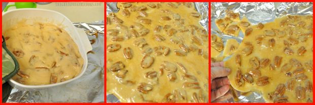 Microwave Pecan Brittle mixture is poured out onto covered baking sheet, to cool.