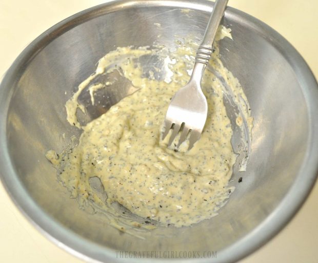 Mixing up the dijon sauce for a portobello bleu cheese burger.