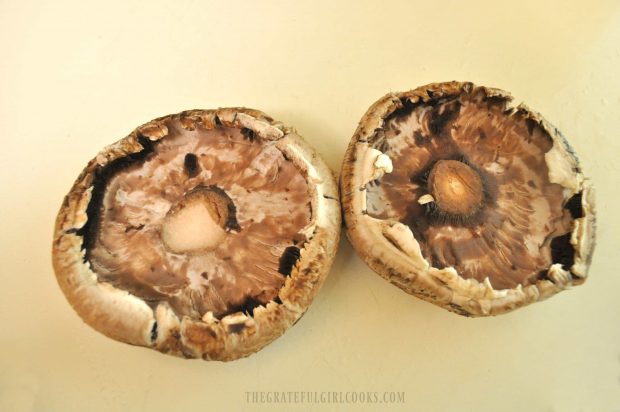 Two large portobello mushrooms for burgers, ready to marinate.