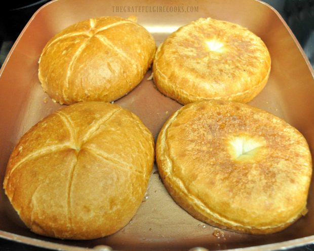 Buns are lightly toasted in skillet for portobello bleu cheese burgers.