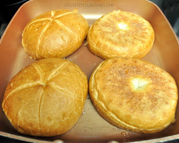 Buns are lightly toasted in skillet for portobello bleu cheese burgers.