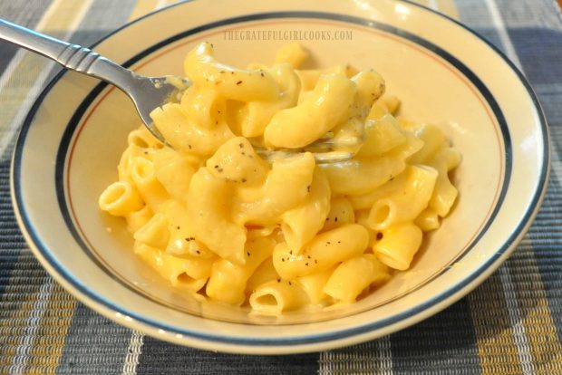 Easy Stovetop Macaroni and Cheese served hot, in a bowl.