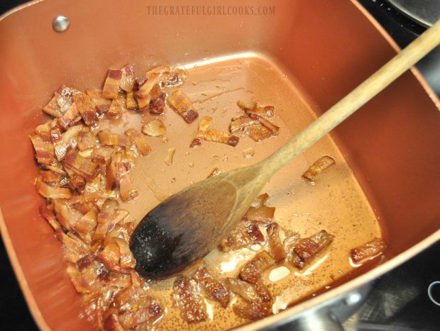 Cooking bacon for chicken wild rice soup.