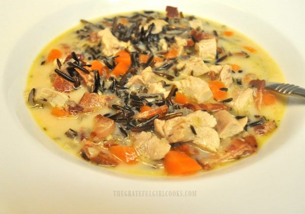 A bowl full of chicken wild rice soup.