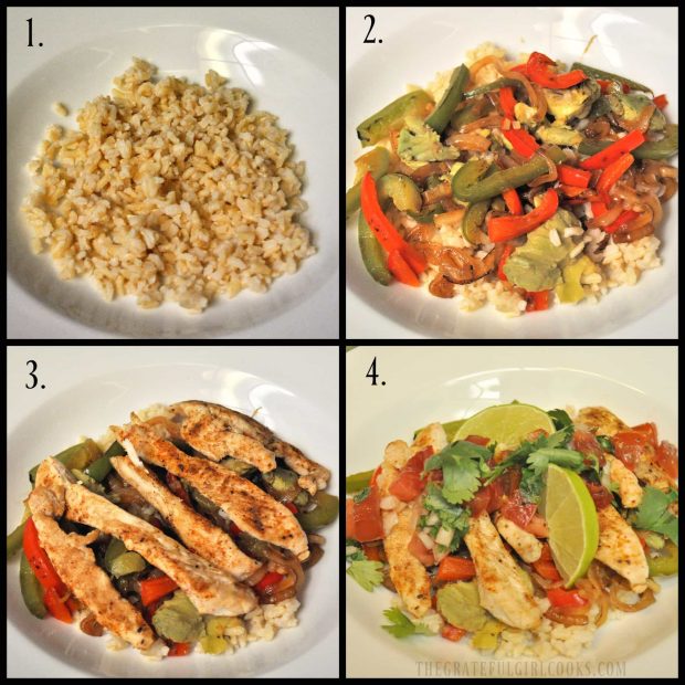 Photo showing the 4 steps to build the chicken fajita rice bowl.