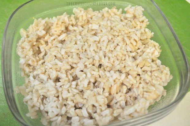 Brown rice is cooked for the chicken fajita rice bowl.