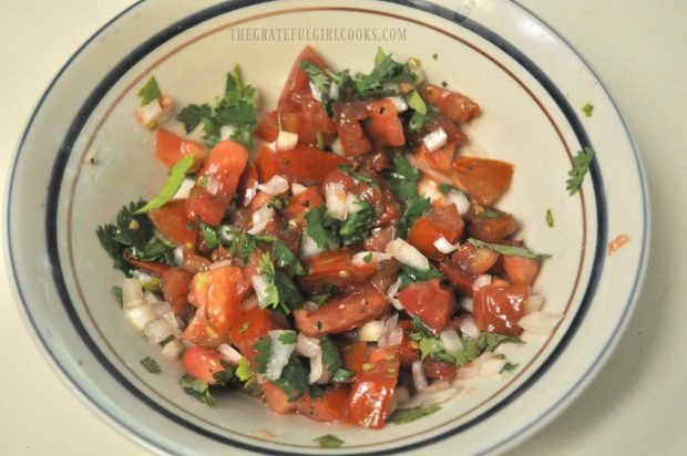 Pico de gallo in bowl, ready to add to the chicken fajita rice bowl.