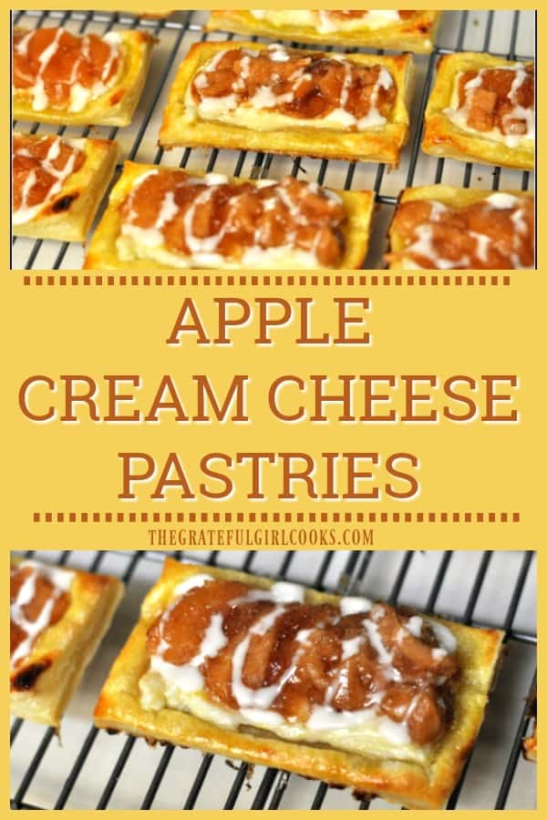 These delicious apple cream cheese pastries are easy to make baked puff pastry sheets, topped with a sweet cream cheese spread, apple pie filling, and vanilla icing!