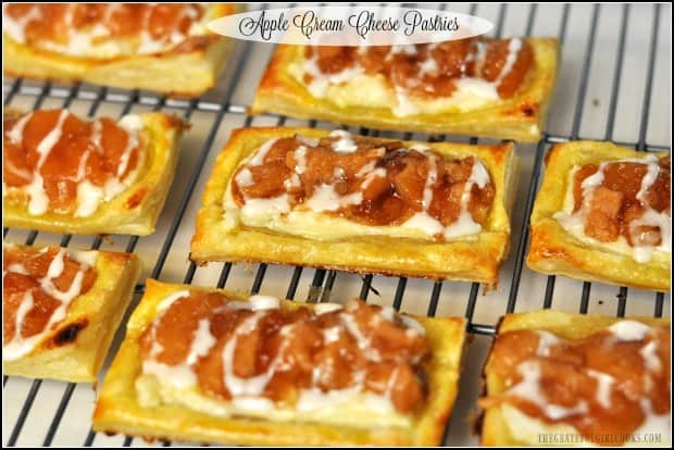 Apple cream cheese pastries are easy to make baked puff pastry sheets, topped with a sweet cream cheese spread, apple pie filling, and vanilla icing!