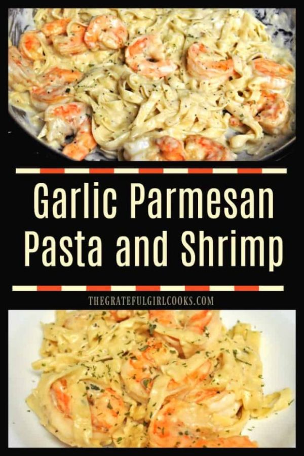 Garlic Parmesan Pasta and Shrimp is a 30 minute, easy to make dish, with pan-seared shrimp and fettucine noodles in a creamy garlic Parmesan sauce. 