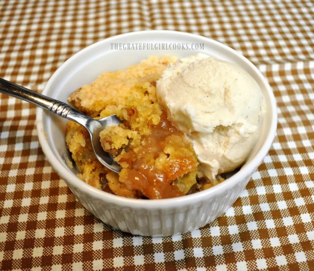 A spoonful of Karen's delicious apple cobbler is ready to eat!