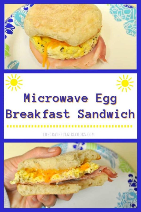 Need breakfast quick? Try this 2 minute microwave egg breakfast sandwich, prepared in a microwave, with egg, ham and cheese on a toasted English muffin!