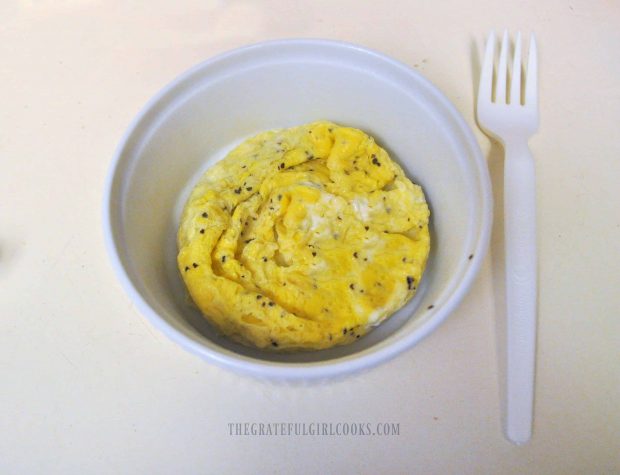 Microwave Egg is cooked and ready for breakfast sandwich.