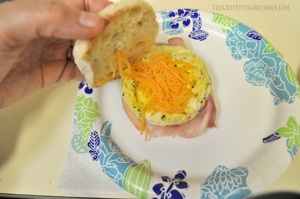 Egg, ham and cheese on the breakfast sandwich.