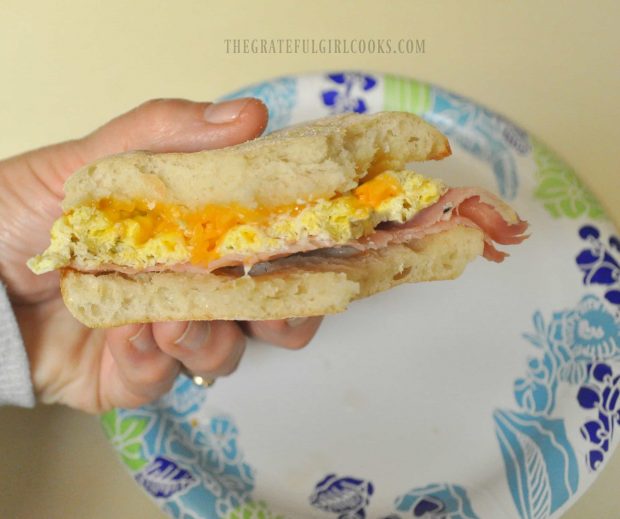 Holding a Microwave Egg Breakfast Sandwich after a couple bites.